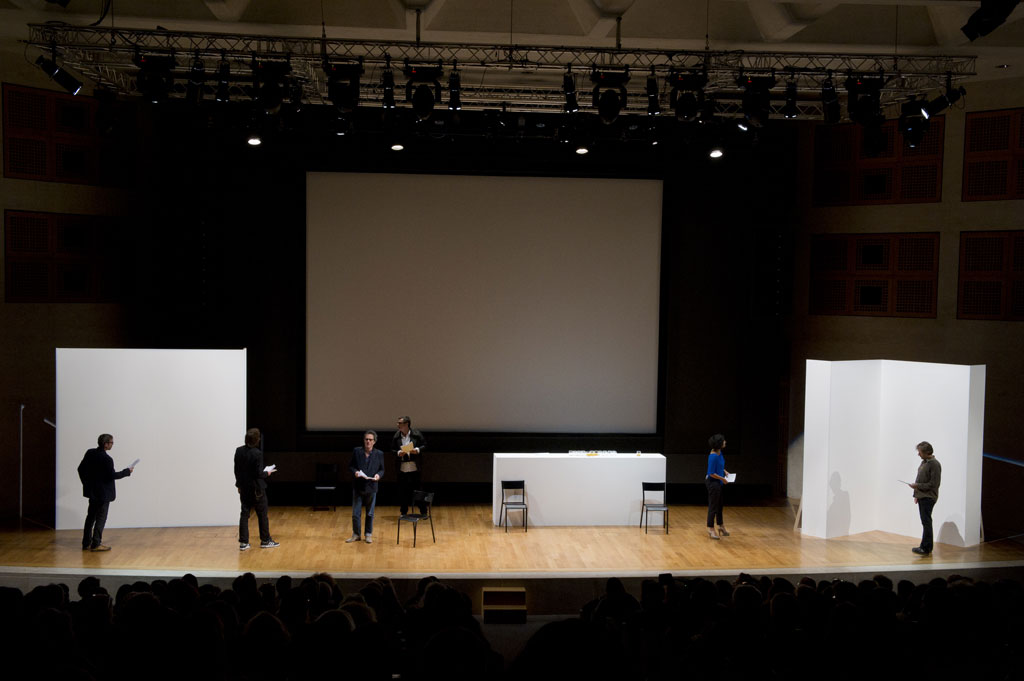 Claude Closky, 'Private View' (1), Brice Beaugier as 'Jannis', Mark Cresswell as 'Piero', Yves Lambrecht as 'Franz', Geoff Lowe as 'Jasper', Sarah Vermande as 'Nancy', Gerard Vidal as 'Colin', Auditorium du Louvre, 21-10-2011. Photo Marc Domage.